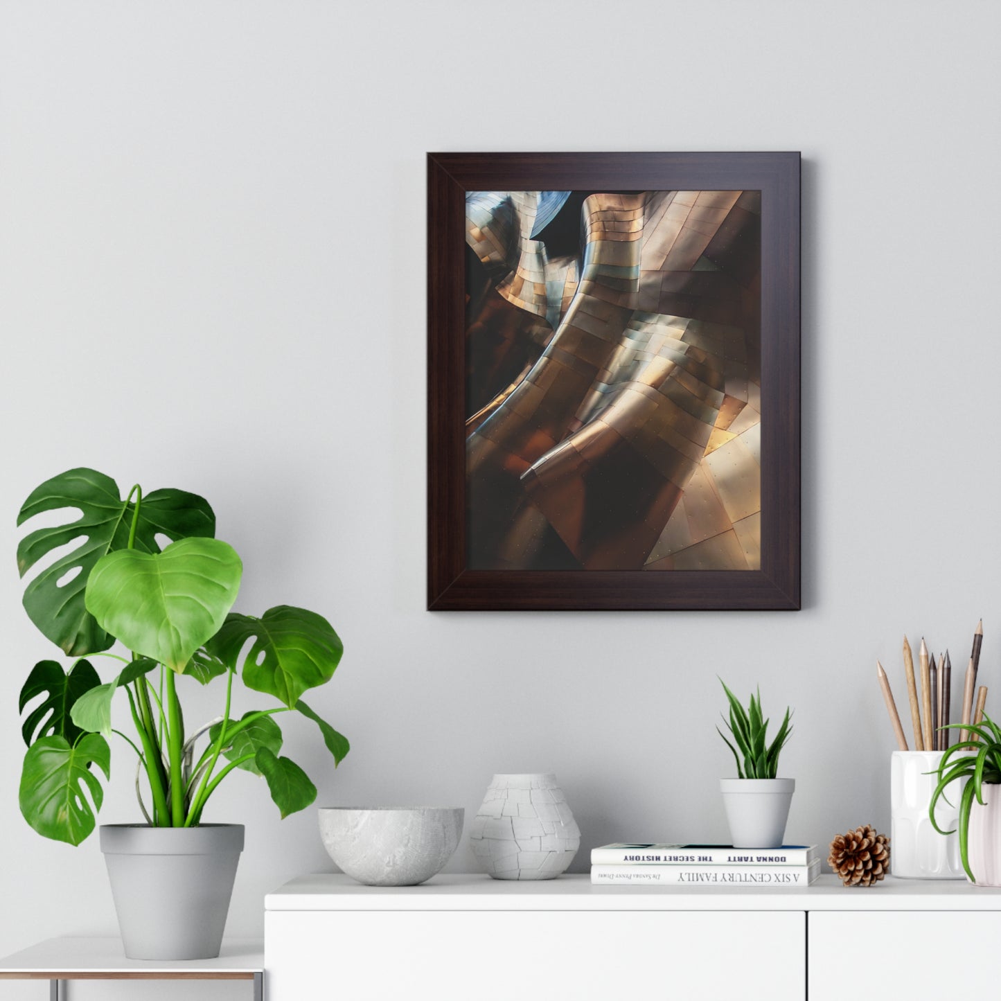 Modern Brown & Gold Multi Colored Abstract Art Framed Vertical Poster