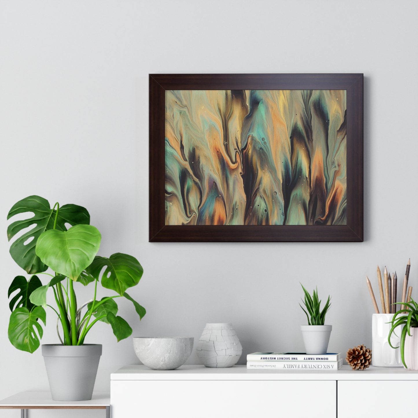 Blue, Gold & Brown Abstract Art Framed Horizontal Poster