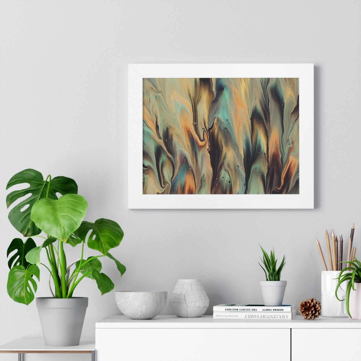 Blue, Gold & Brown Abstract Art Framed Horizontal Poster