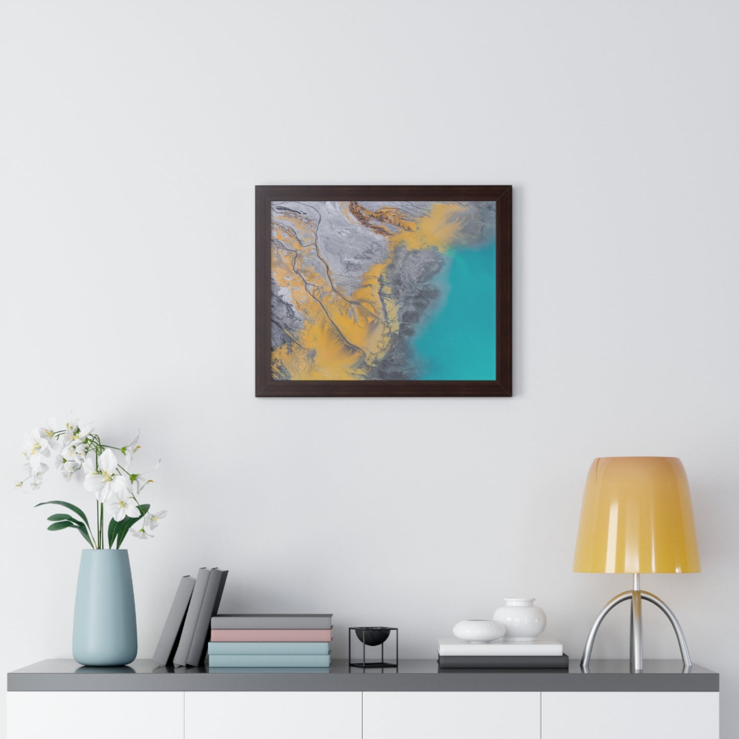 Blue, Gold, Gray Abstract Wall Art Framed Horizontal Poster