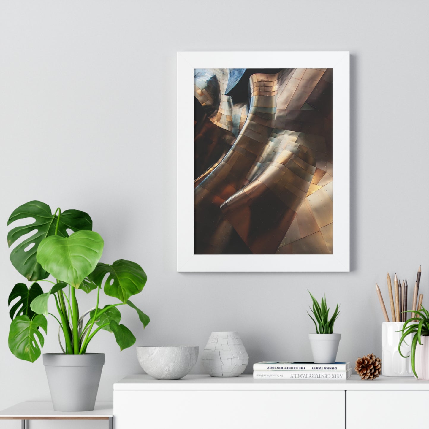 Modern Brown & Gold Multi Colored Abstract Art Framed Vertical Poster