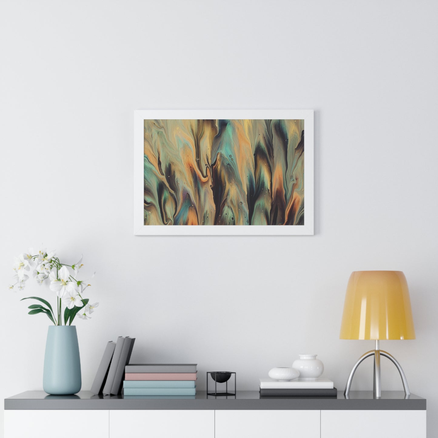 Blue, Gold & Brown Abstract Art Framed Horizontal Poster