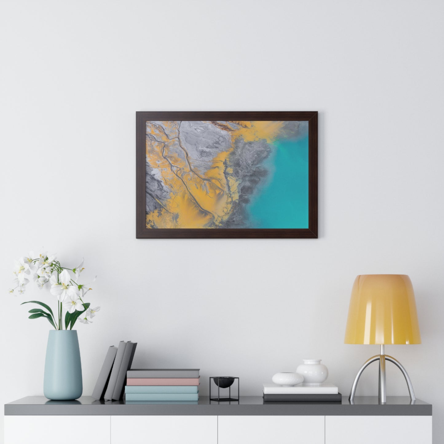 Blue, Gold, Gray Abstract Wall Art Framed Horizontal Poster