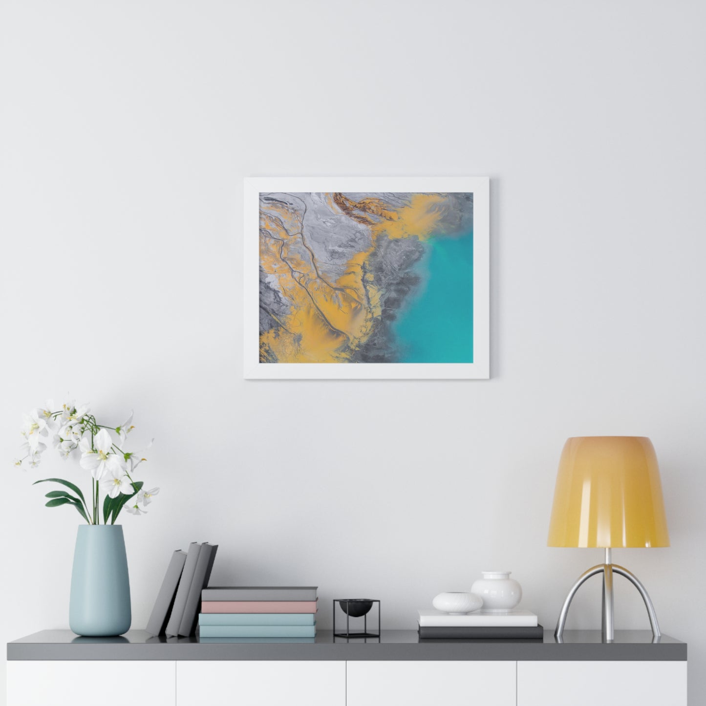 Blue, Gold, Gray Abstract Wall Art Framed Horizontal Poster