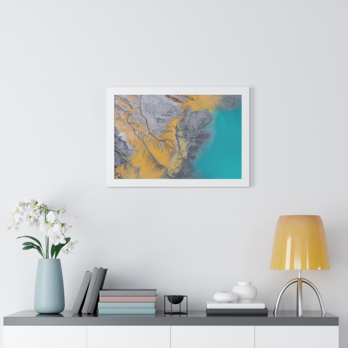 Blue, Gold, Gray Abstract Wall Art Framed Horizontal Poster