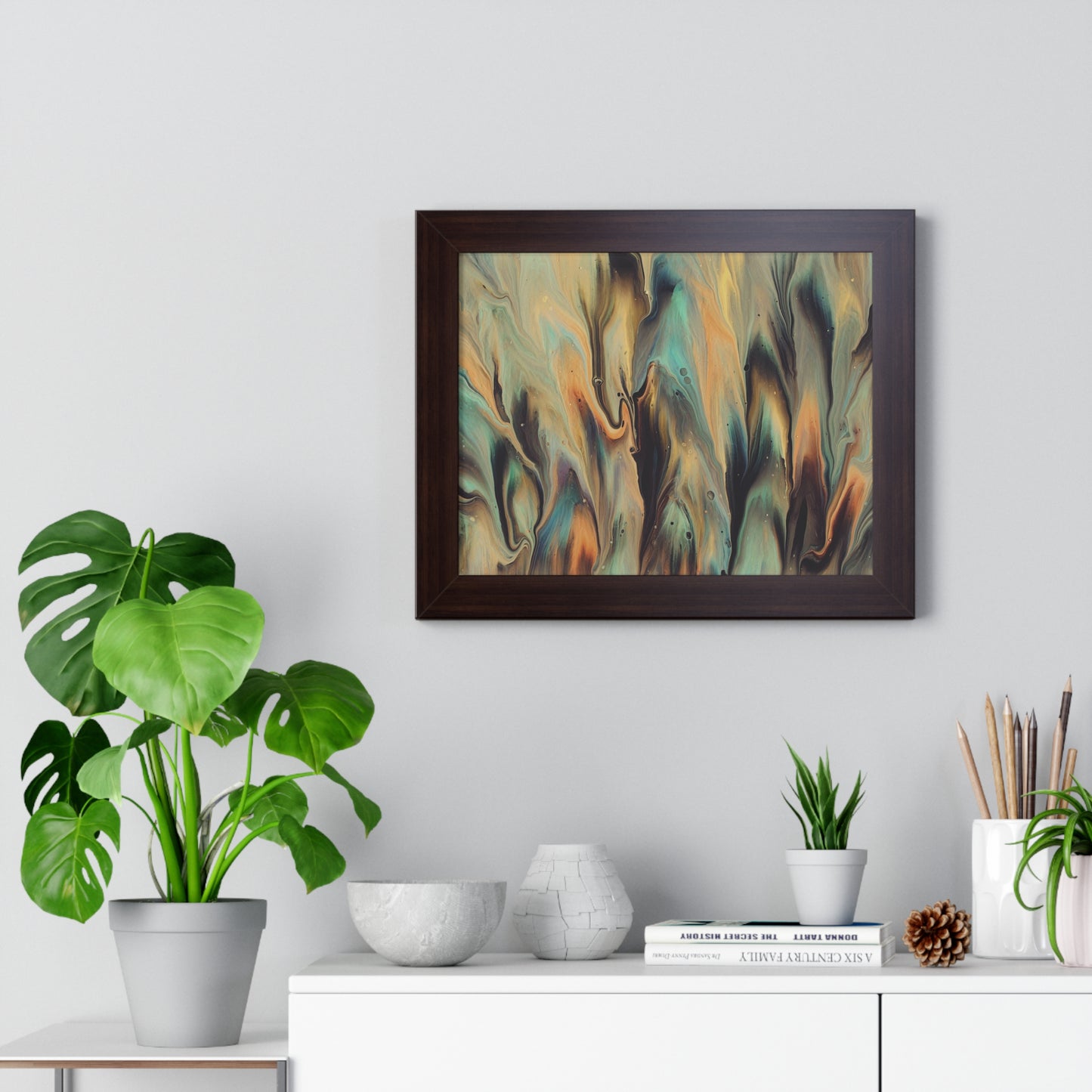 Blue, Gold & Brown Abstract Art Framed Horizontal Poster