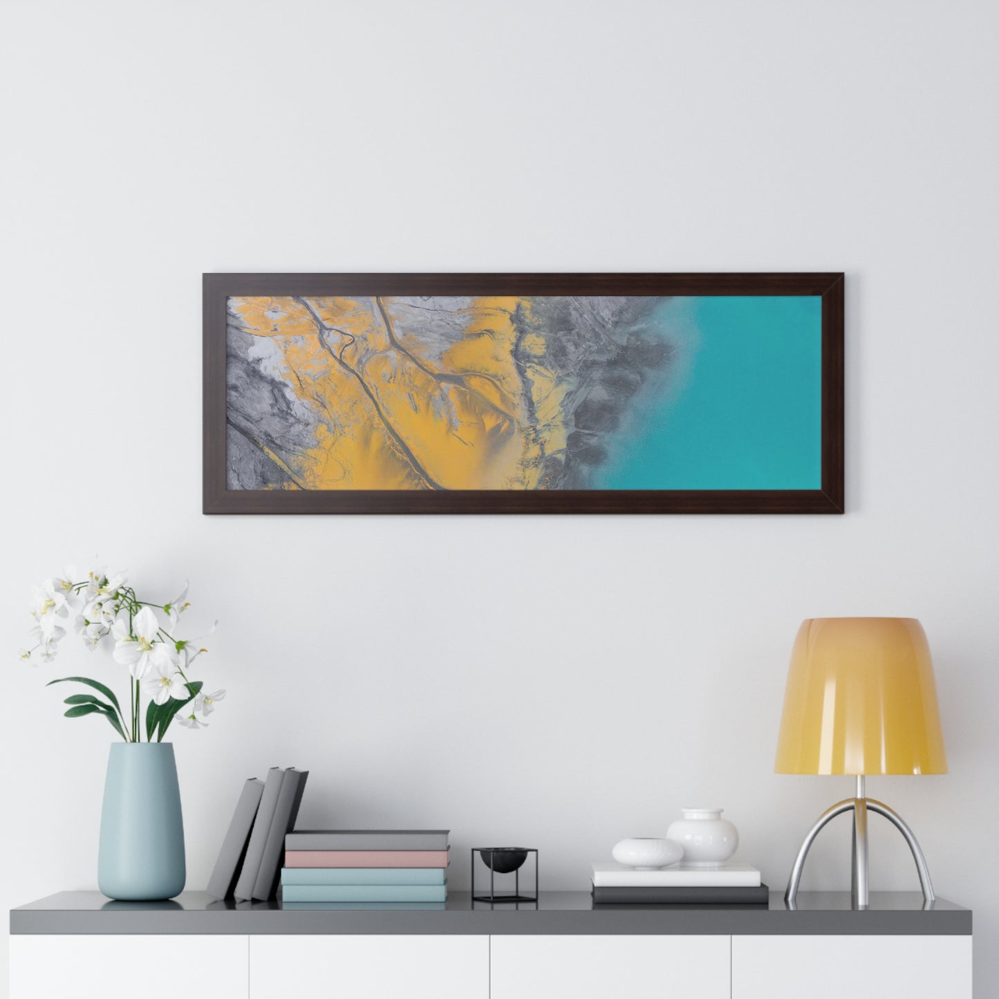 Blue, Gold, Gray Abstract Wall Art Framed Horizontal Poster