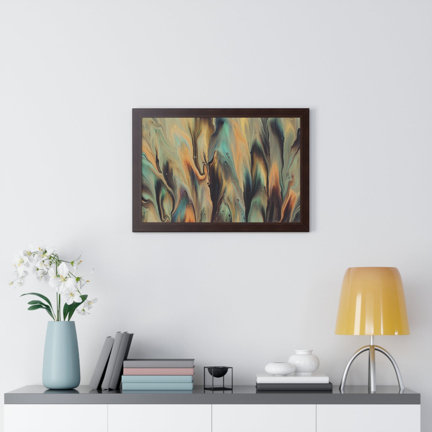 Blue, Gold & Brown Abstract Art Framed Horizontal Poster