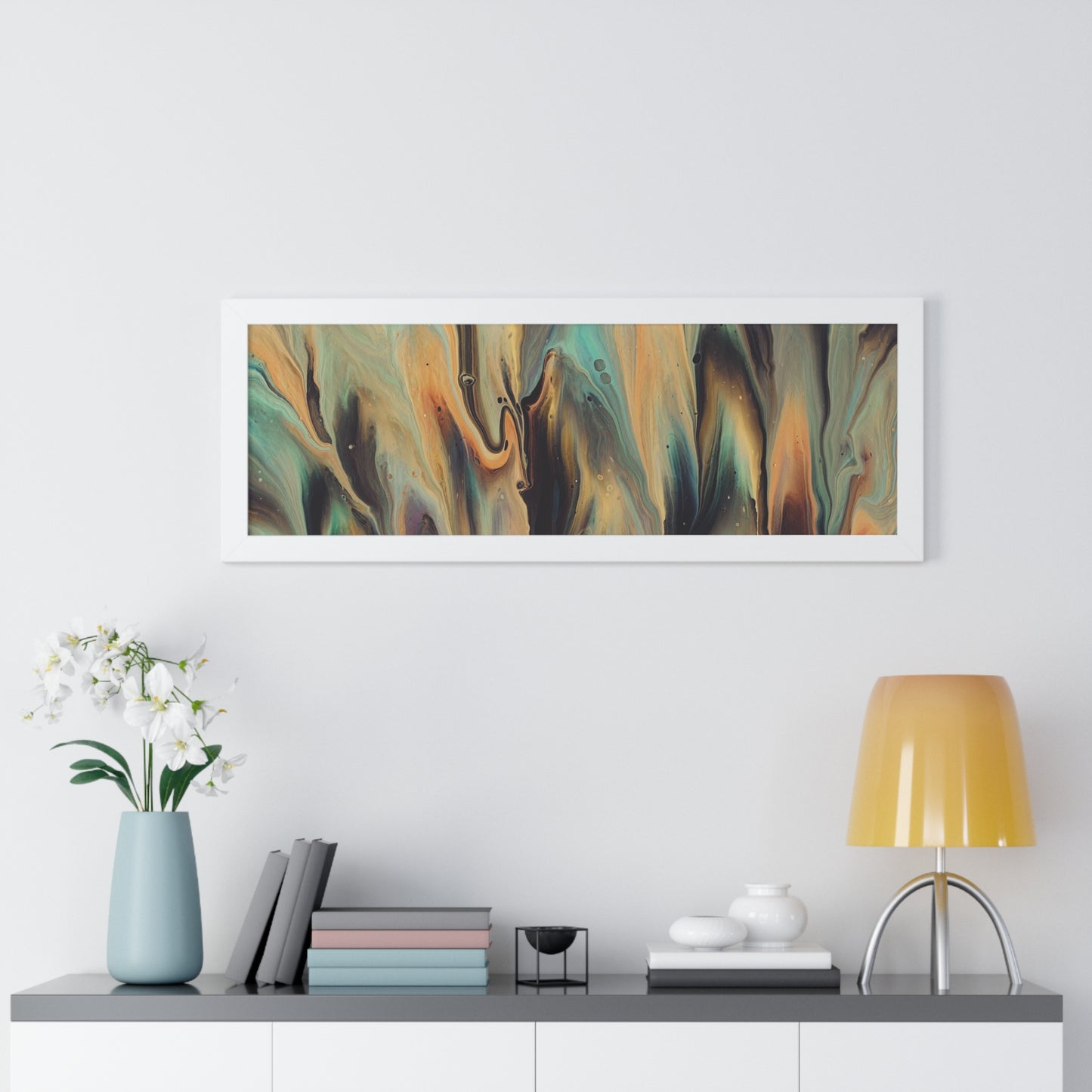 Blue, Gold & Brown Abstract Art Framed Horizontal Poster
