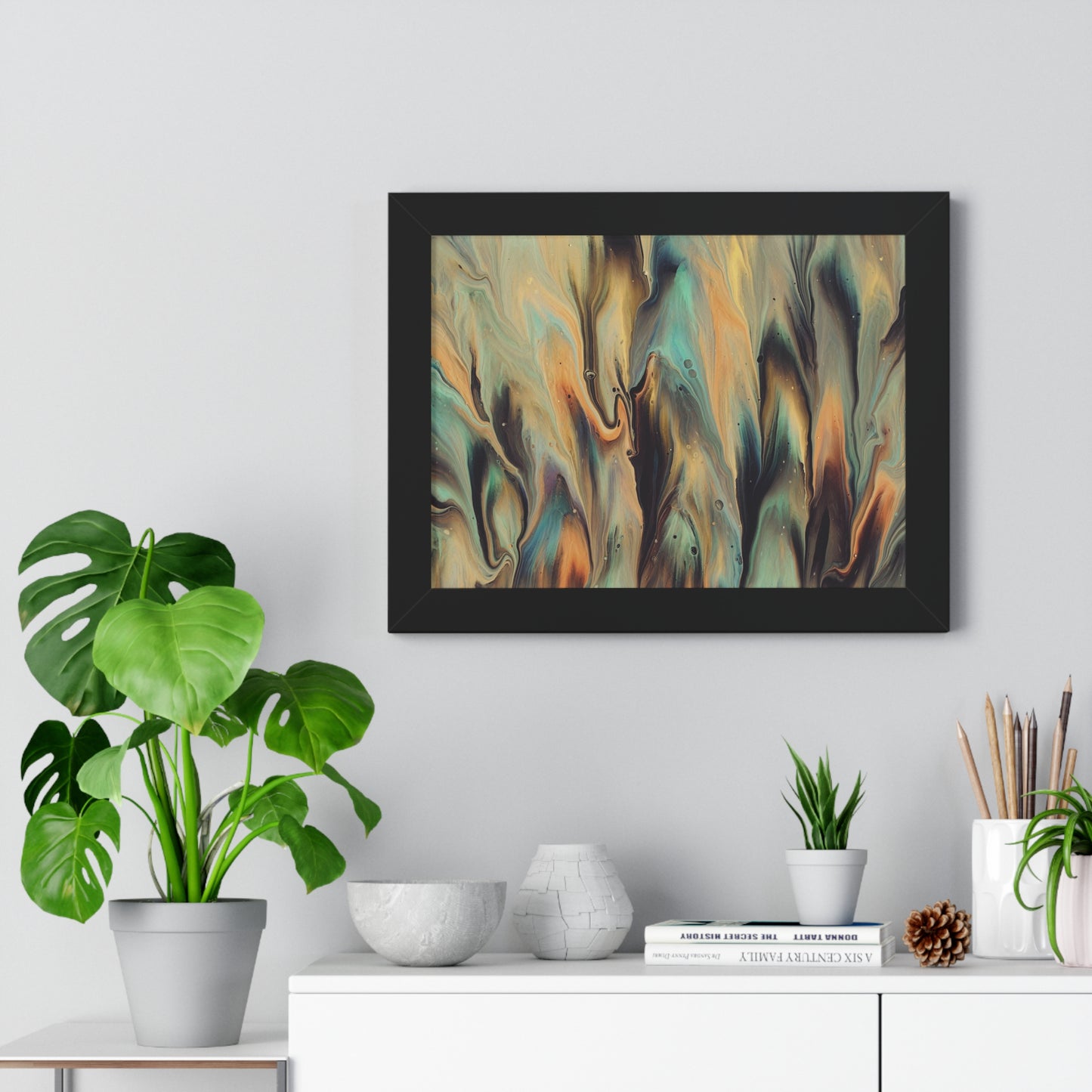 Blue, Gold & Brown Abstract Art Framed Horizontal Poster