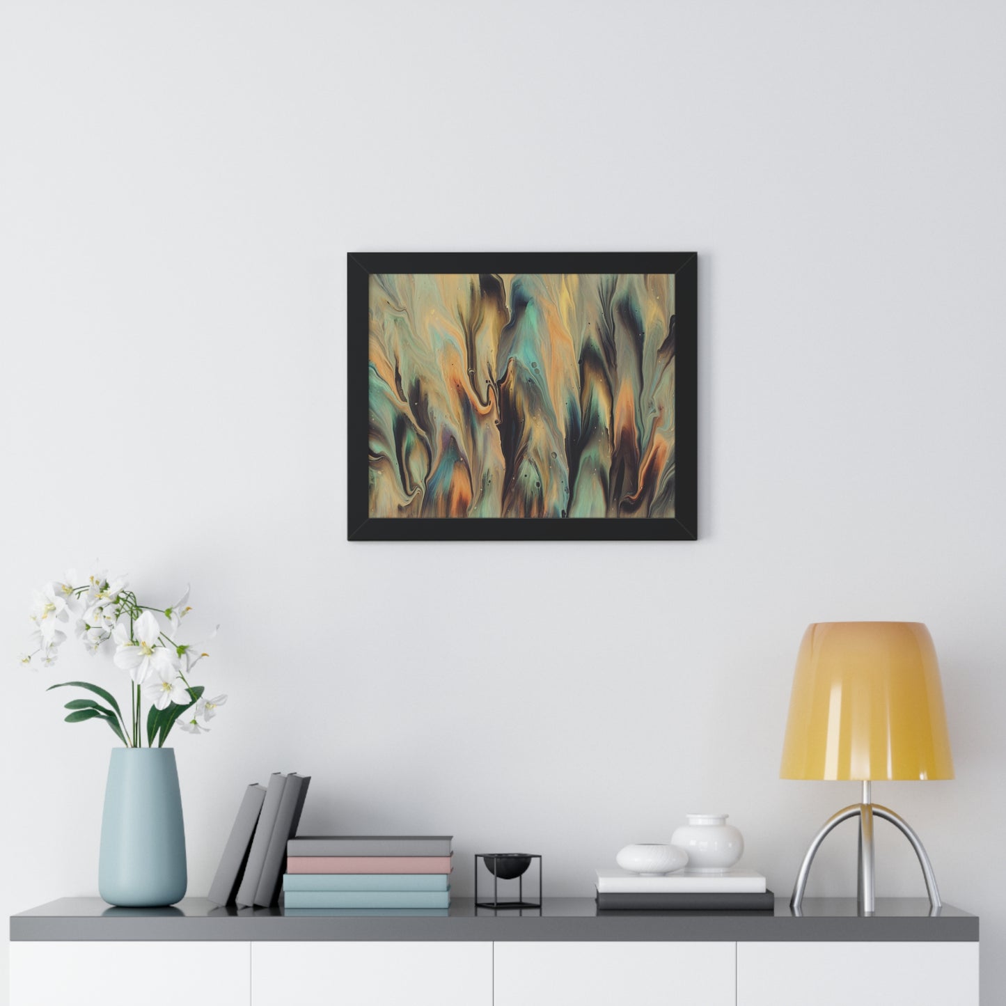 Blue, Gold & Brown Abstract Art Framed Horizontal Poster