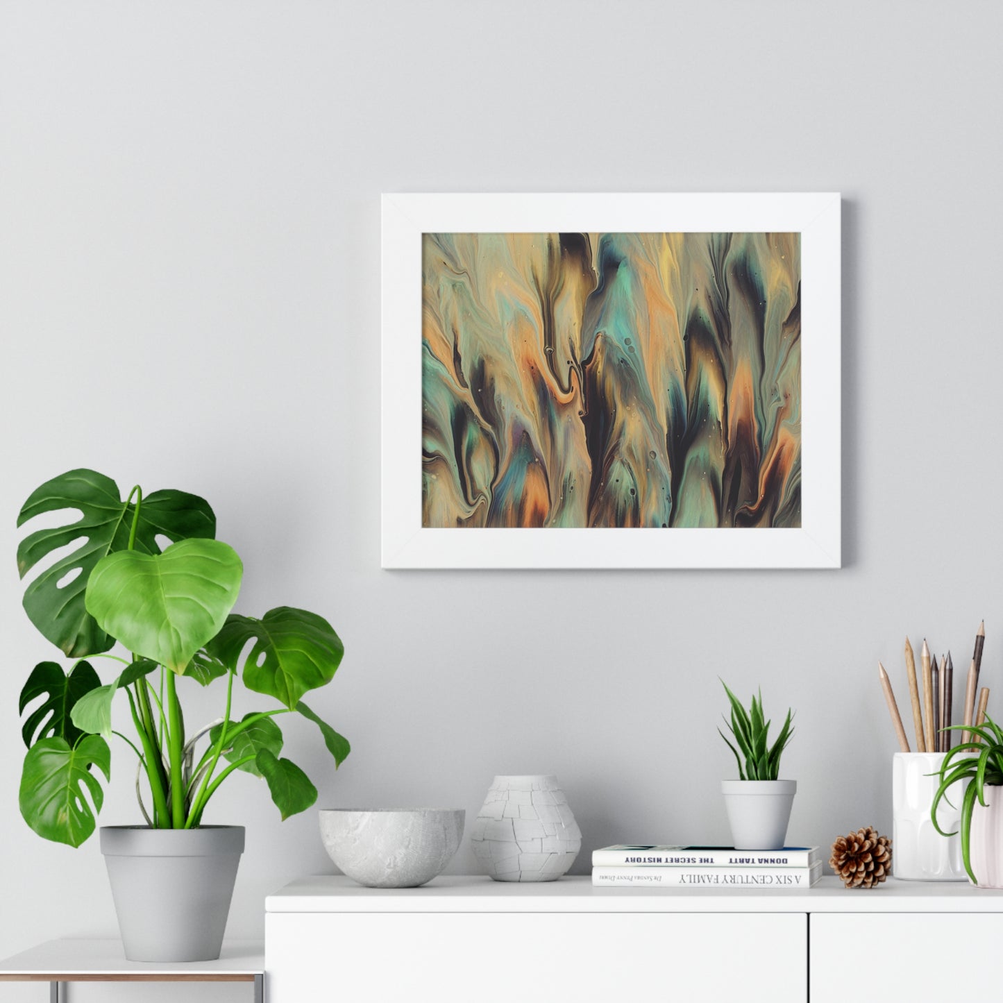 Blue, Gold & Brown Abstract Art Framed Horizontal Poster