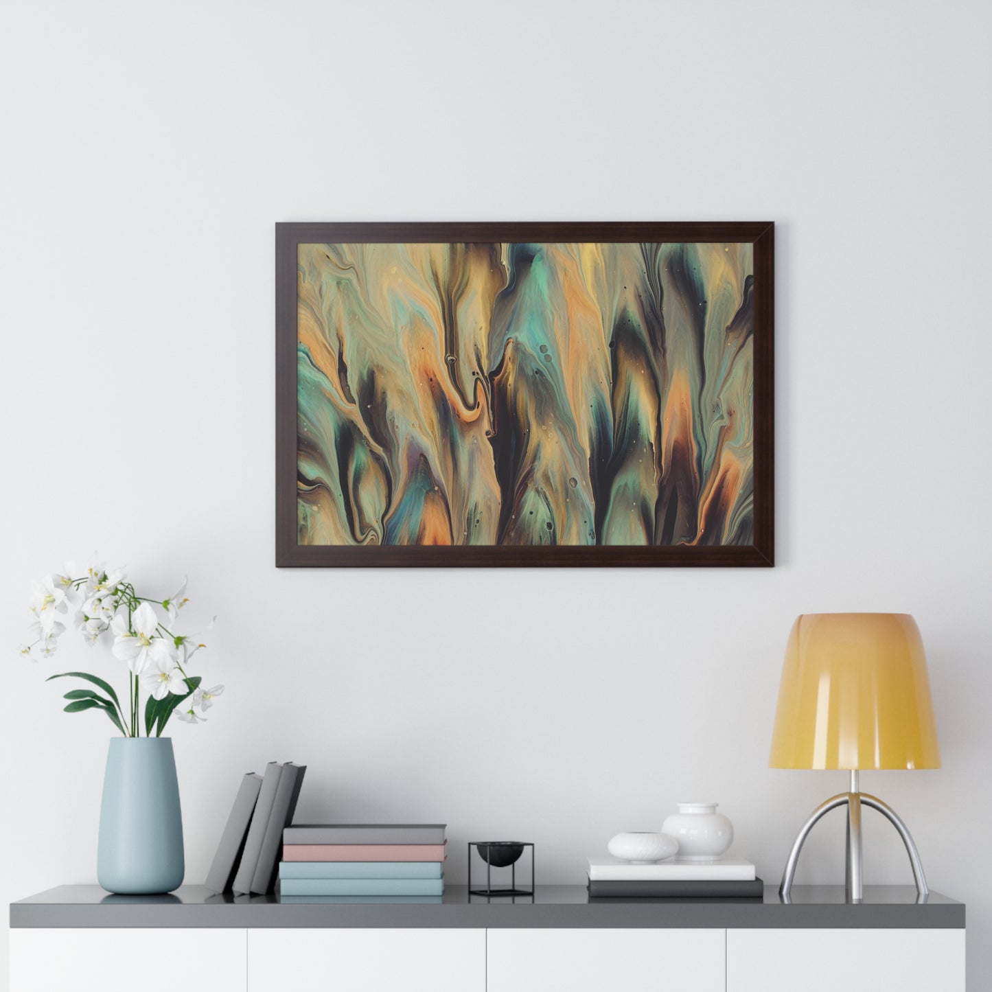 Blue, Gold & Brown Abstract Art Framed Horizontal Poster