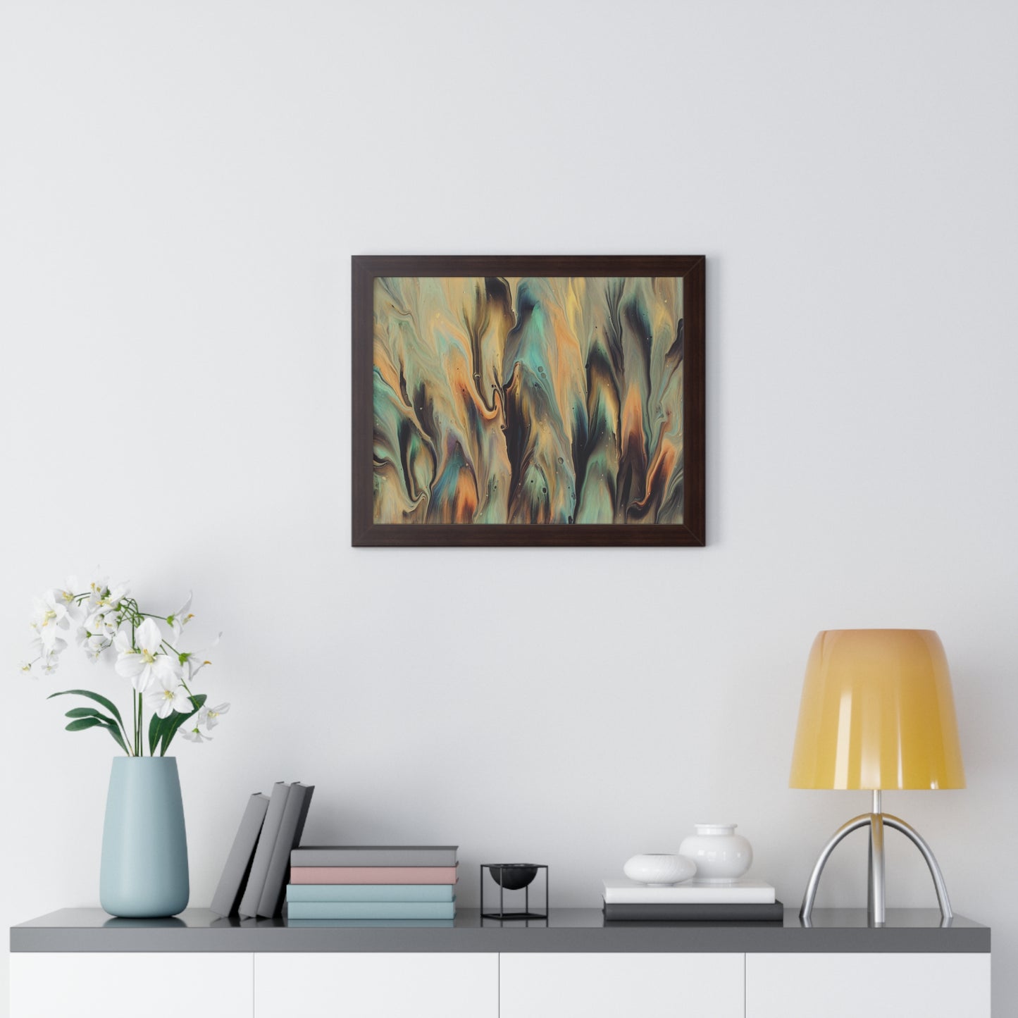 Blue, Gold & Brown Abstract Art Framed Horizontal Poster