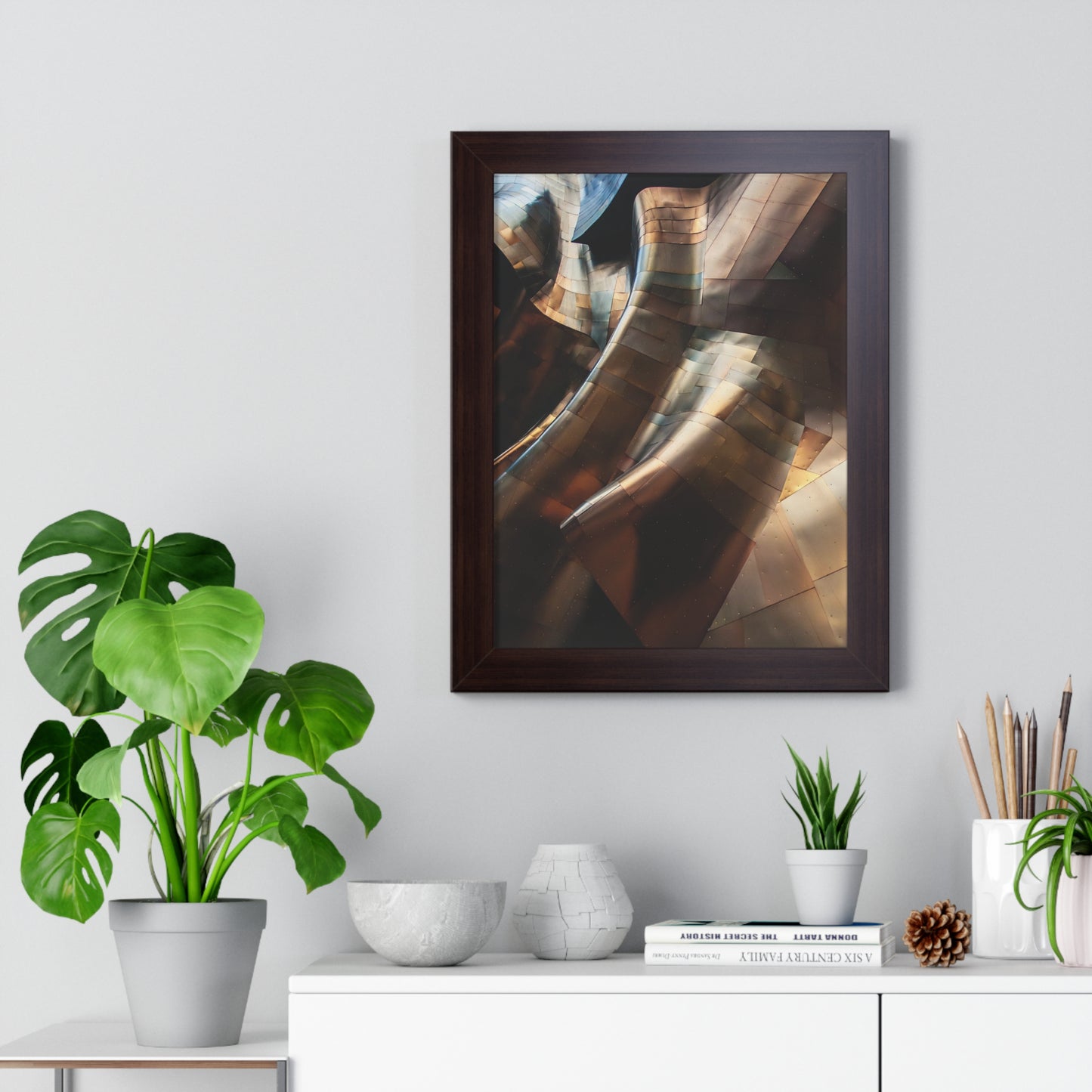 Modern Brown & Gold Multi Colored Abstract Art Framed Vertical Poster