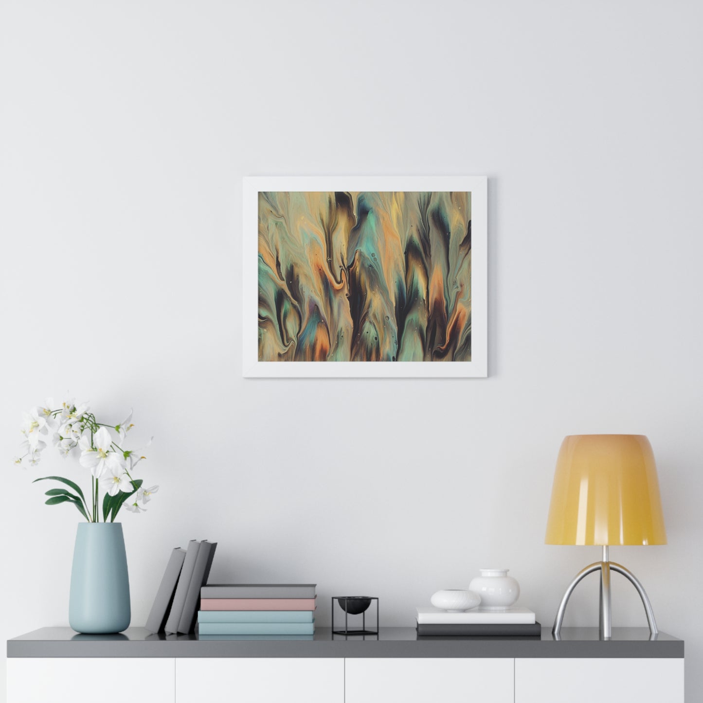 Blue, Gold & Brown Abstract Art Framed Horizontal Poster