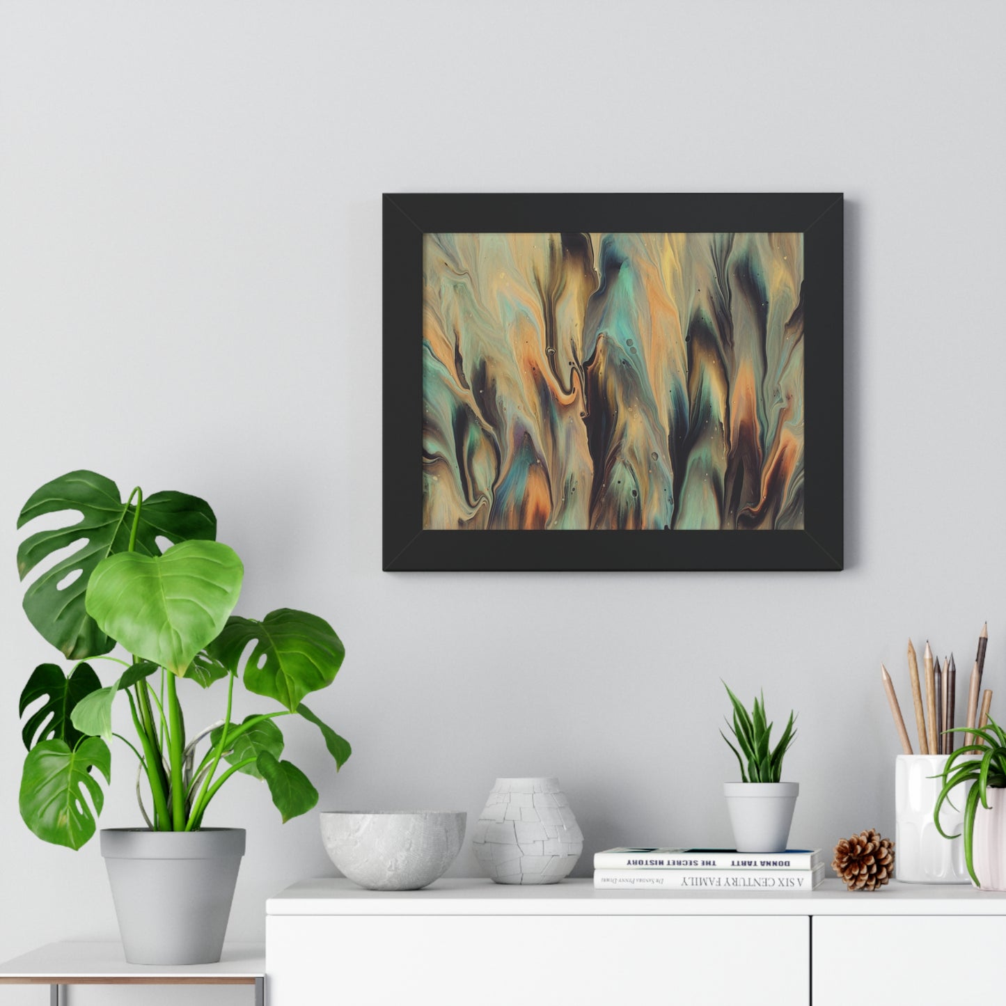 Blue, Gold & Brown Abstract Art Framed Horizontal Poster