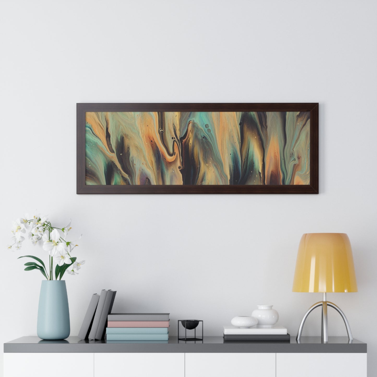 Blue, Gold & Brown Abstract Art Framed Horizontal Poster
