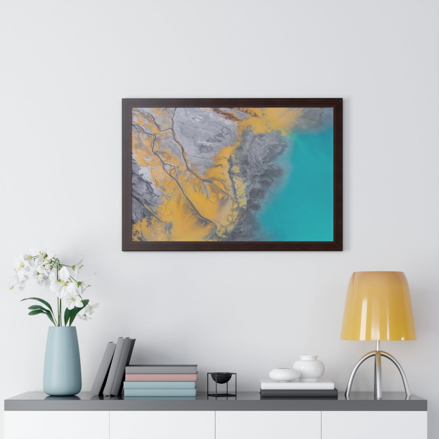Blue, Gold, Gray Abstract Wall Art Framed Horizontal Poster