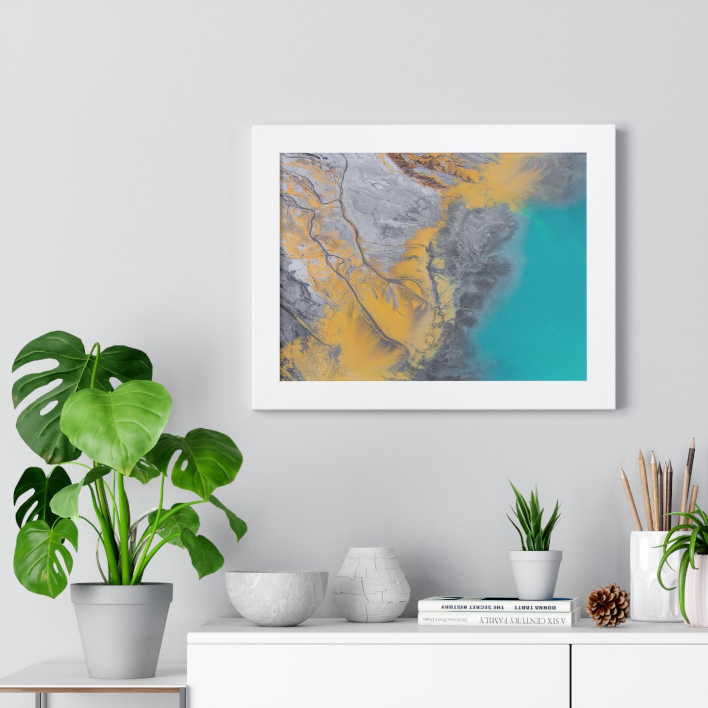 Blue, Gold, Gray Abstract Wall Art Framed Horizontal Poster