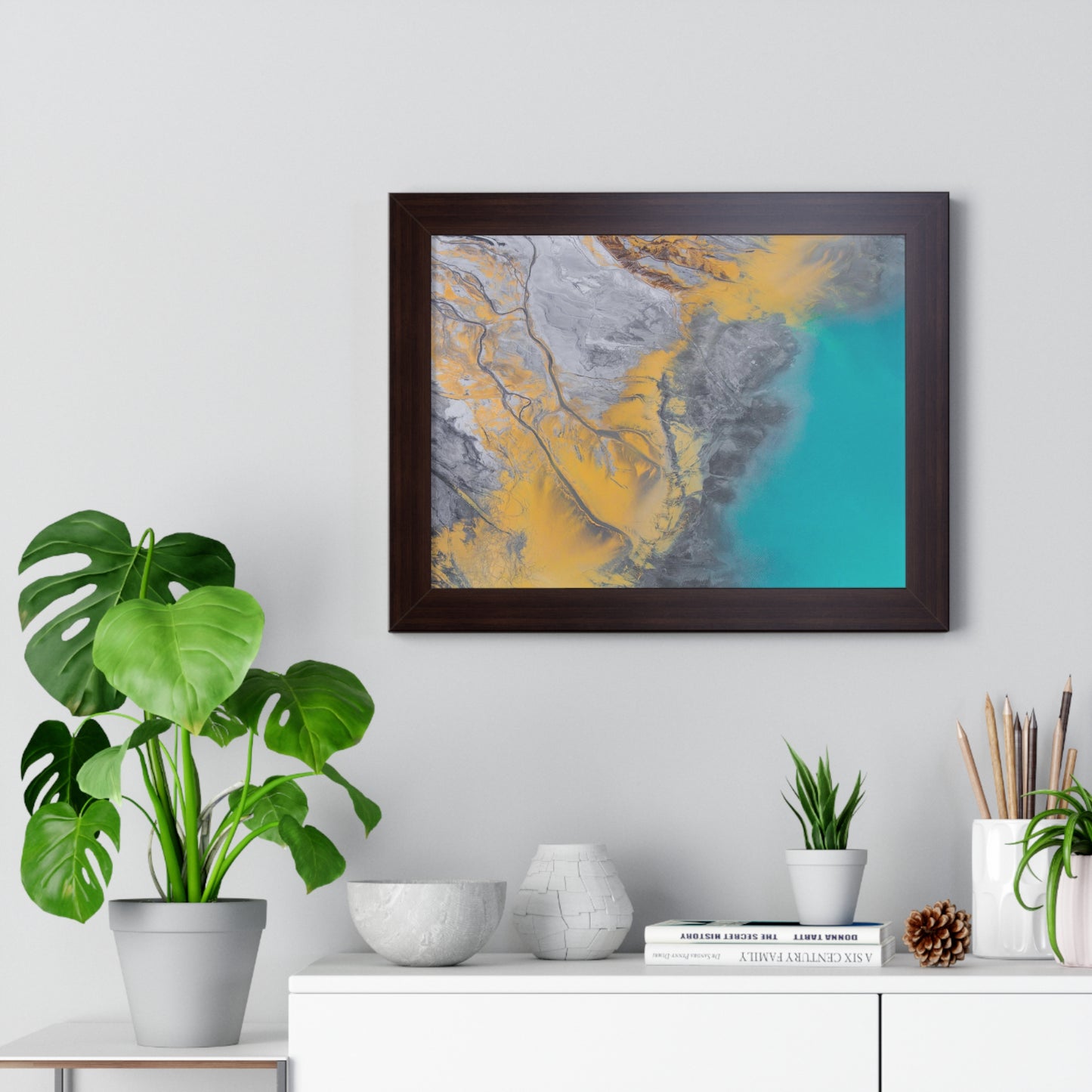 Blue, Gold, Gray Abstract Wall Art Framed Horizontal Poster