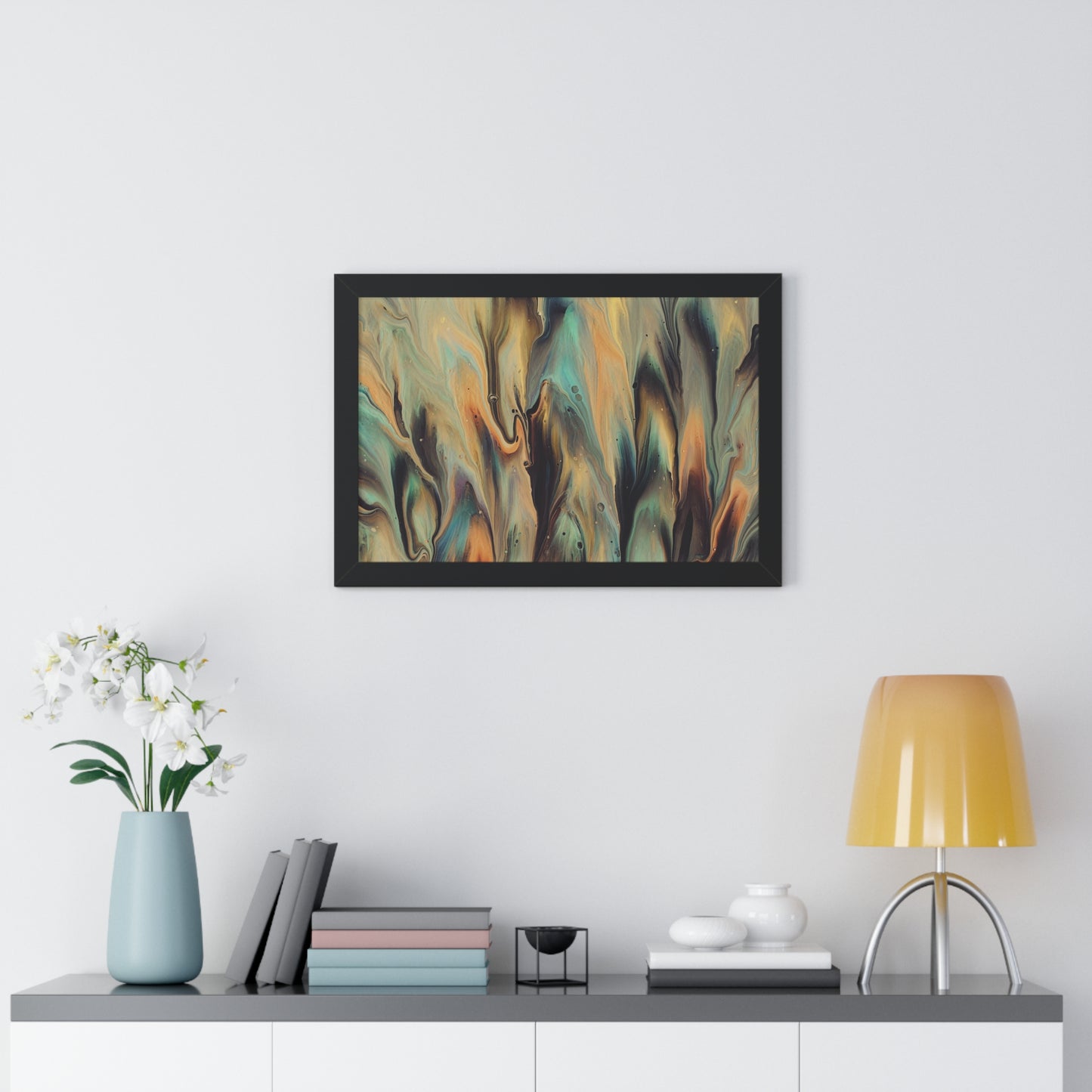 Blue, Gold & Brown Abstract Art Framed Horizontal Poster