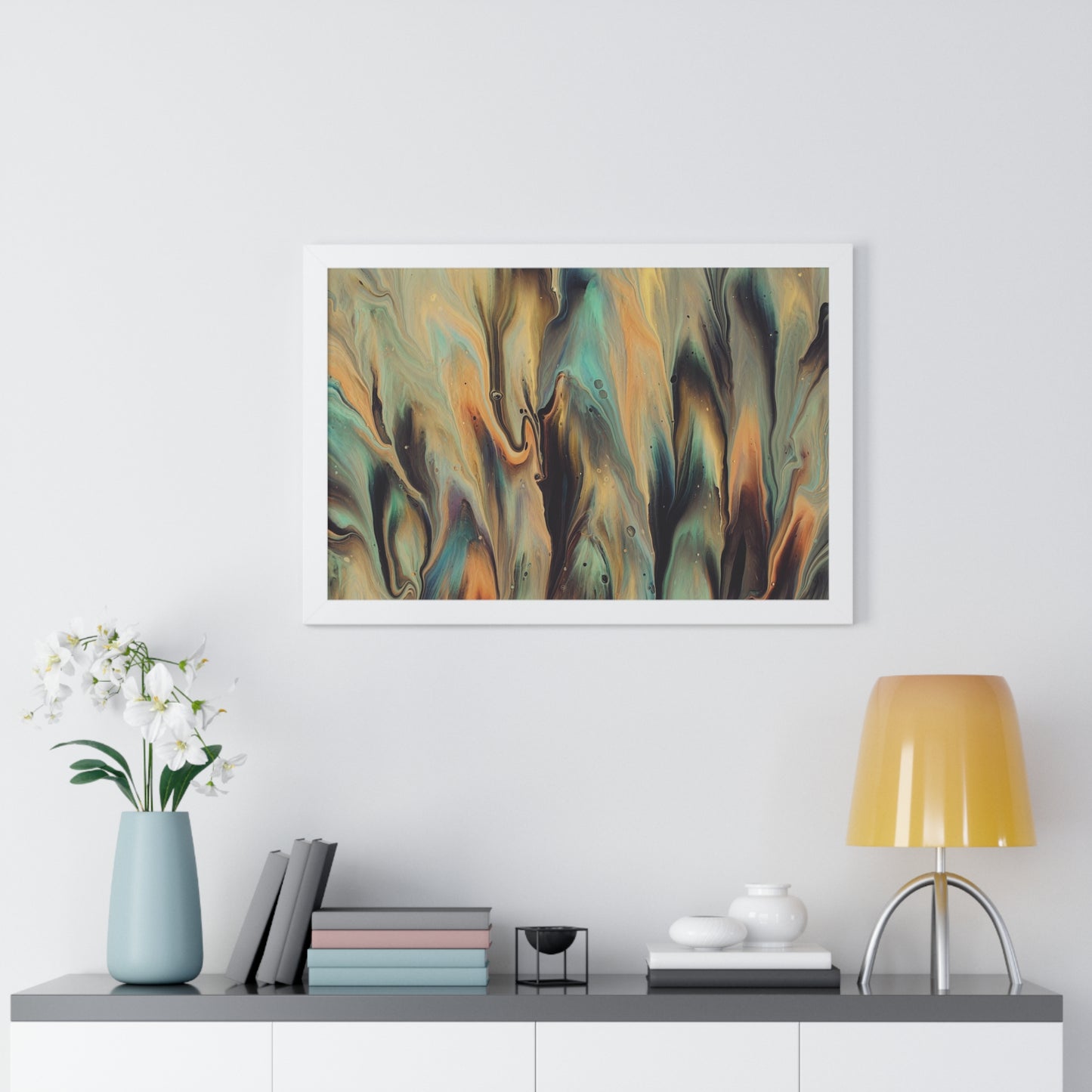 Blue, Gold & Brown Abstract Art Framed Horizontal Poster