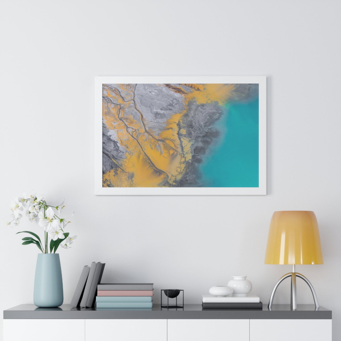Blue, Gold, Gray Abstract Wall Art Framed Horizontal Poster