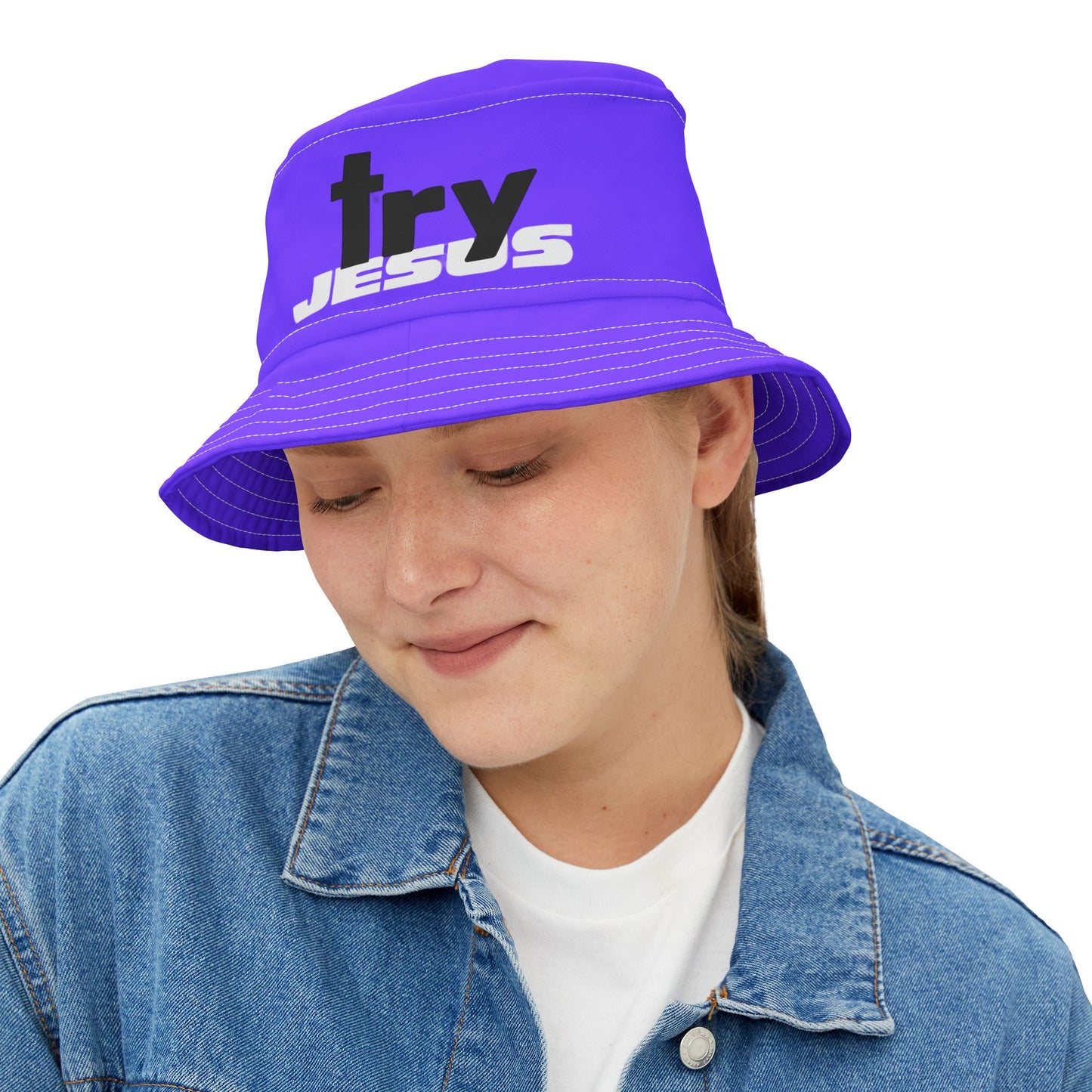 Try Jesus Purple Bucket Hat (AOP)