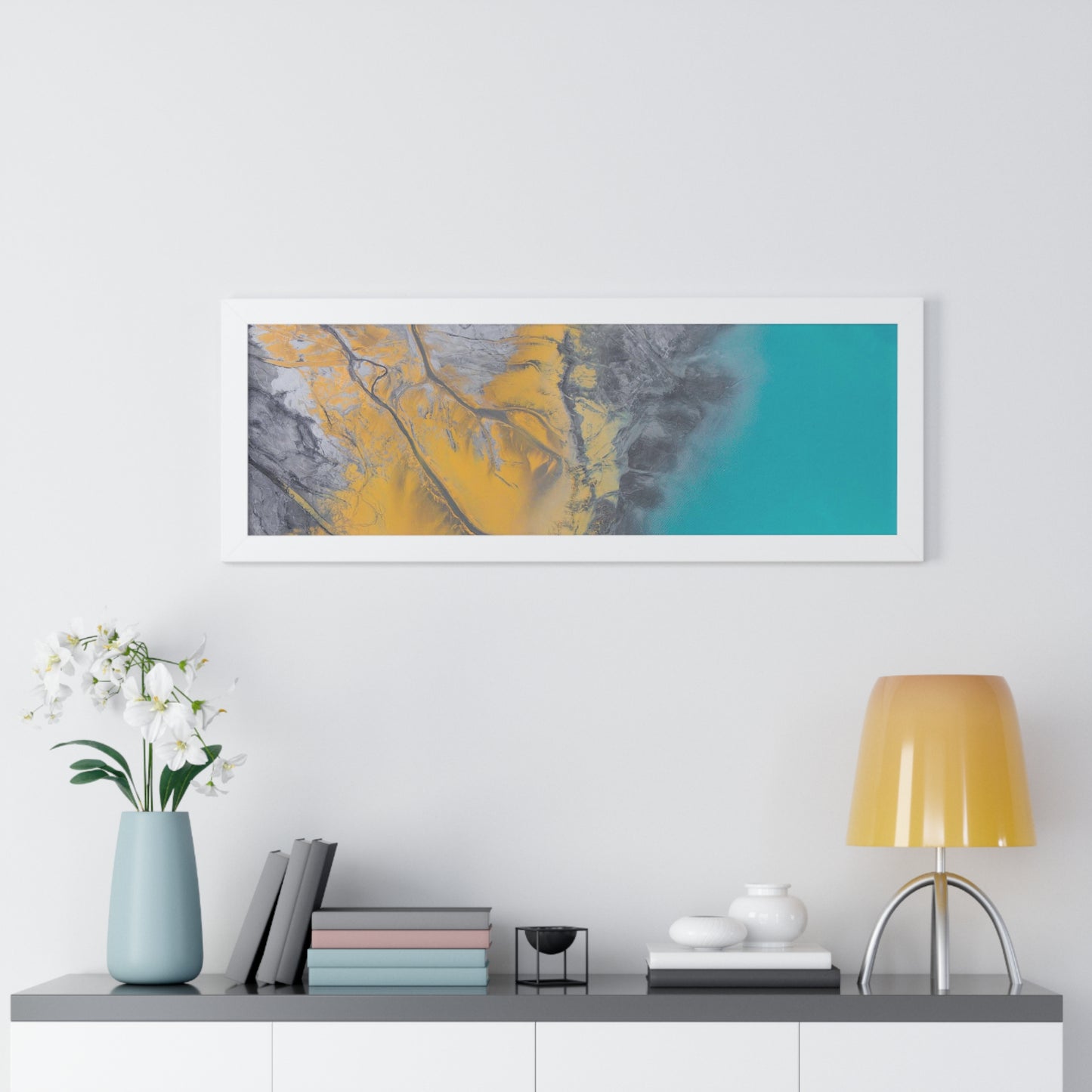 Blue, Gold, Gray Abstract Wall Art Framed Horizontal Poster