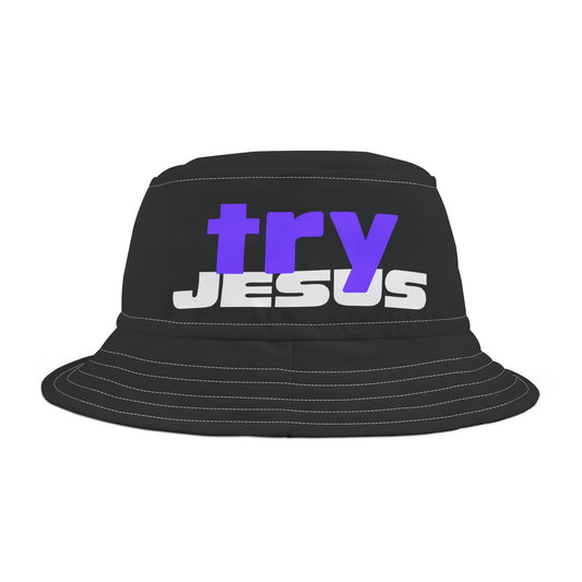 Try Jesus Black Bucket Hat (AOP)