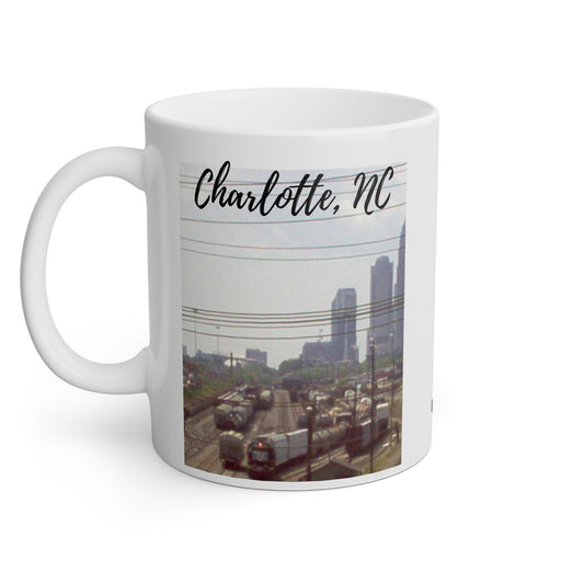 Charlotte NC Skyline & Trains Mug, 11oz, Coffee Mug, Special Occassion Mug, Souvenir