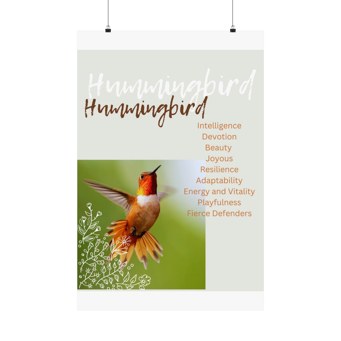 Hummingbird... Intelligence, Beauty, Joyous, Resilience, Energy & Vitality, Playfulness, Fierce Defender - Matte Vertical Posters