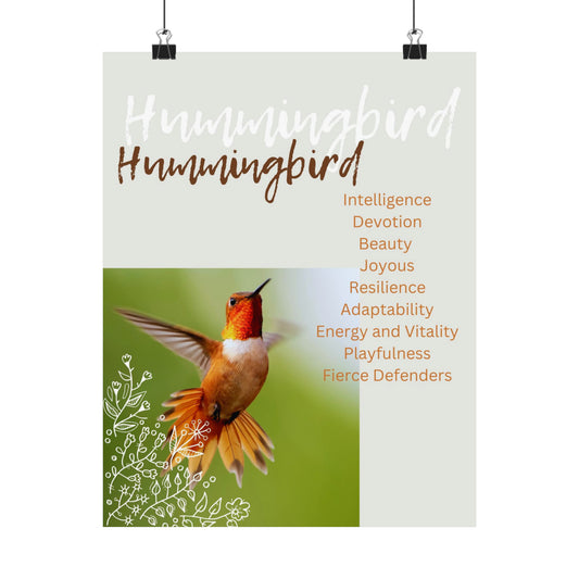 Hummingbird... Intelligence, Beauty, Joyous, Resilience, Energy & Vitality, Playfulness, Fierce Defender - Matte Vertical Posters